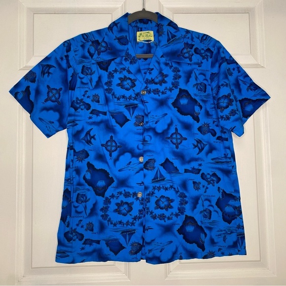 VTG Ui-Maikai Cotton Hawaiian Button Front Short Sleeve Collared Shirt Blues S/M - Picture 1 of 8